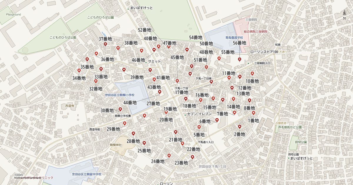 下馬1丁目の番地分布地図