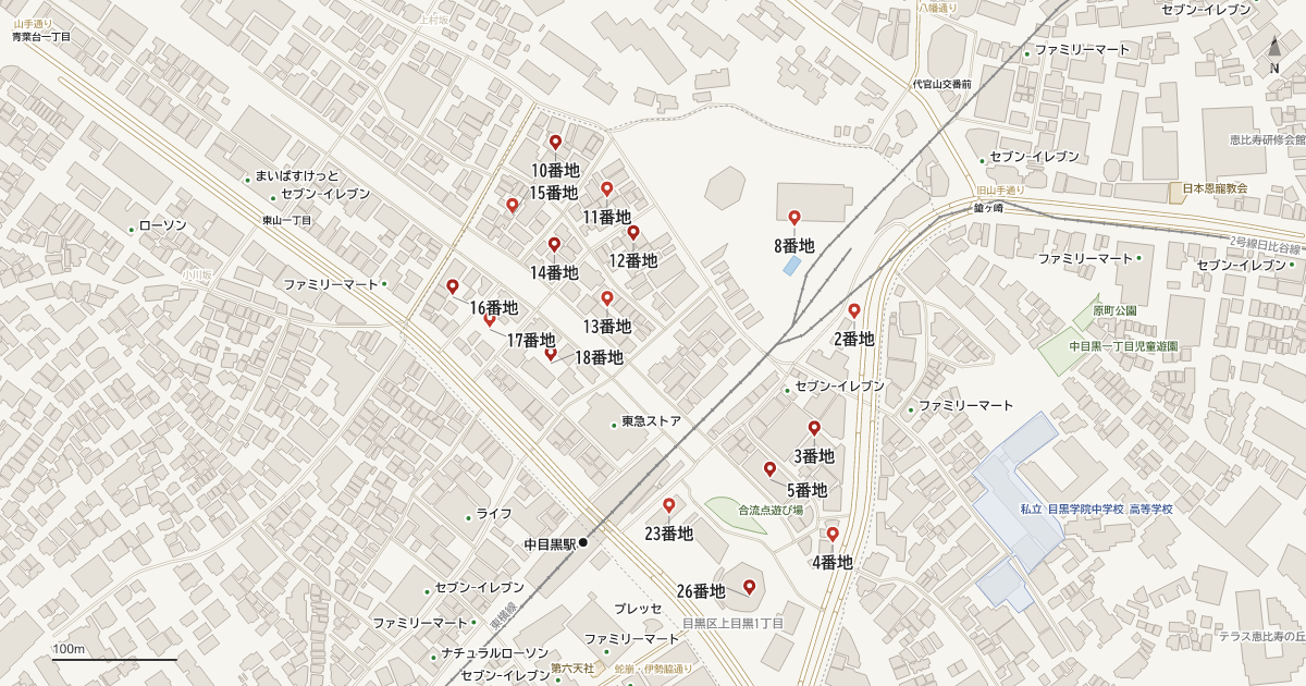 上目黒1丁目の番地分布地図
