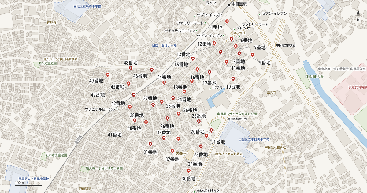 上目黒2丁目の番地分布地図