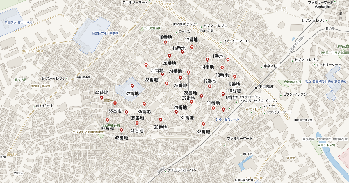 上目黒3丁目の番地分布地図