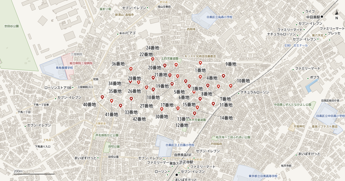 上目黒4丁目の番地分布地図
