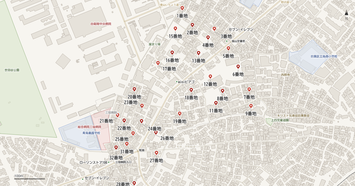 上目黒5丁目の番地分布地図