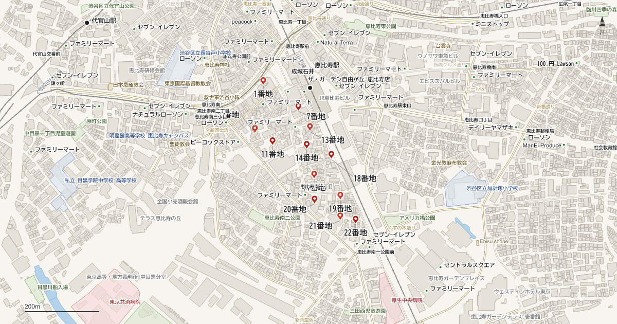 恵比寿南1丁目の番地分布地図