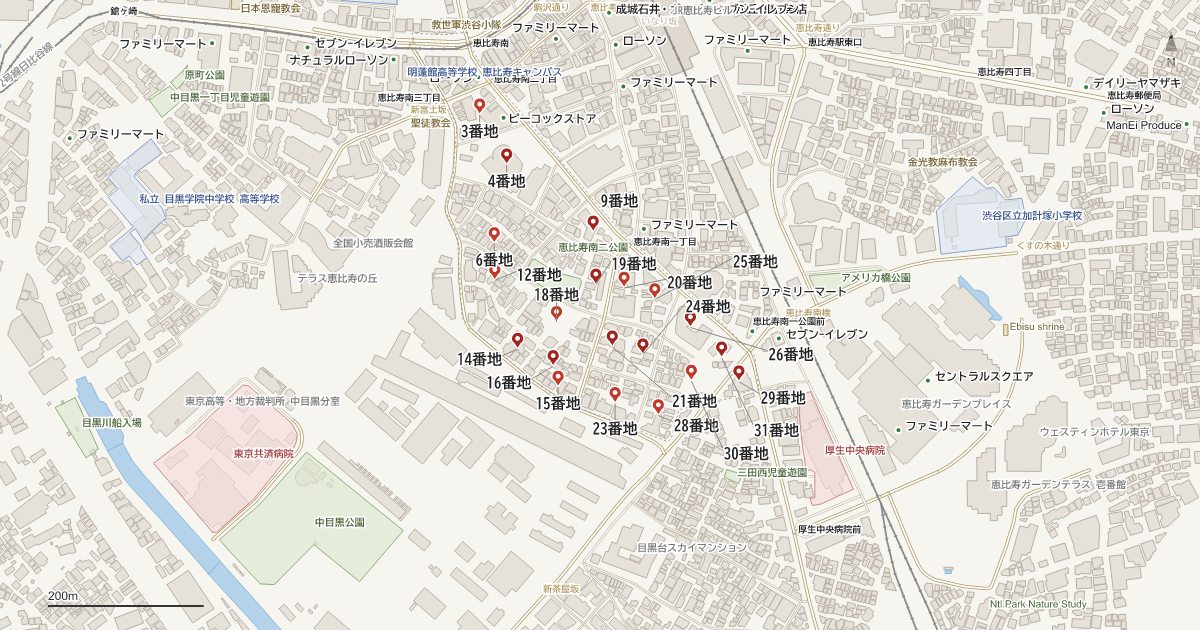 恵比寿南2丁目の番地分布地図