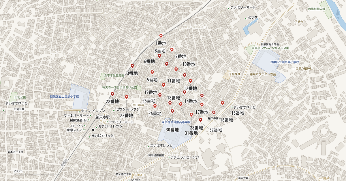 祐天寺1丁目の番地分布地図