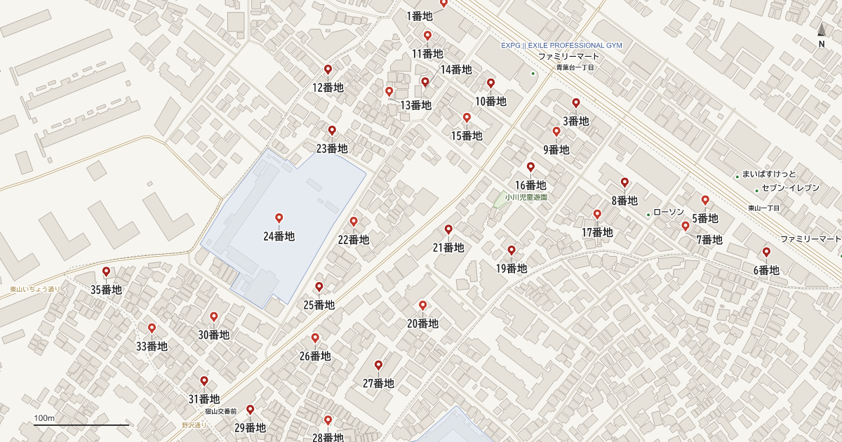 東山1丁目の番地分布地図