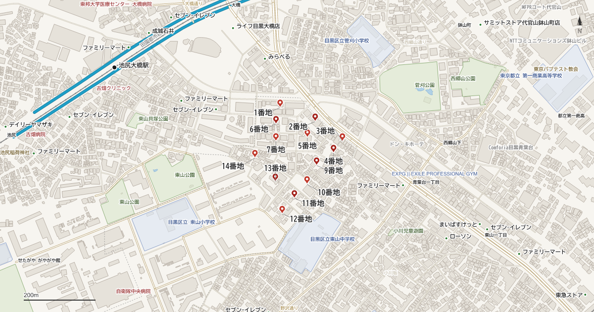 東山2丁目の番地分布地図