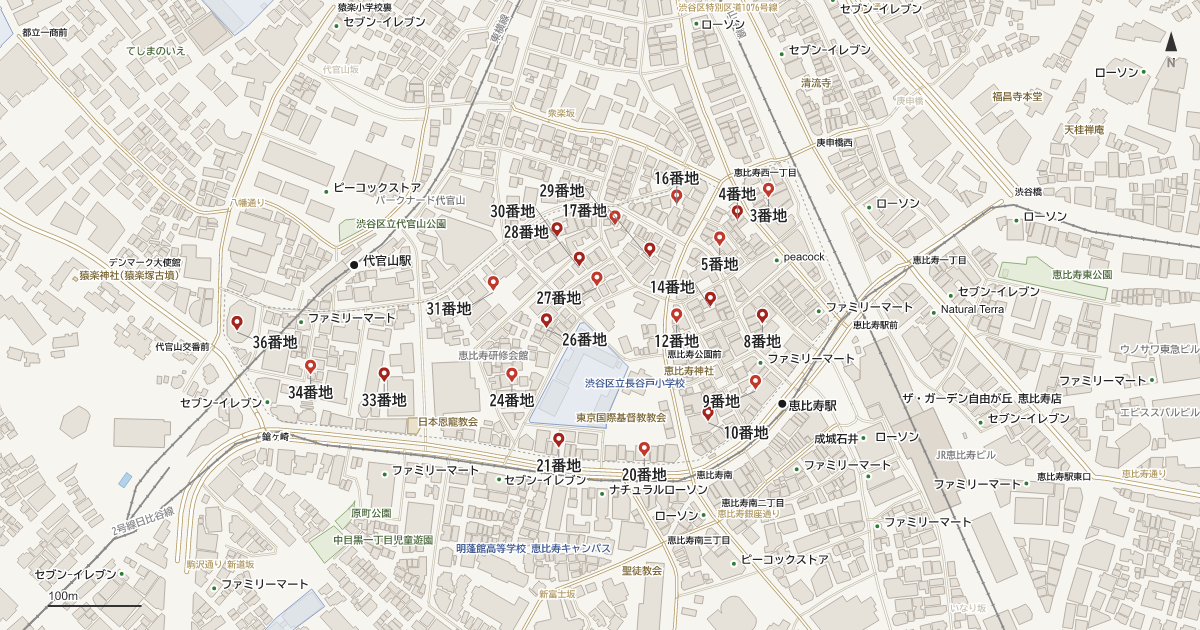 恵比寿西1丁目の番地分布地図