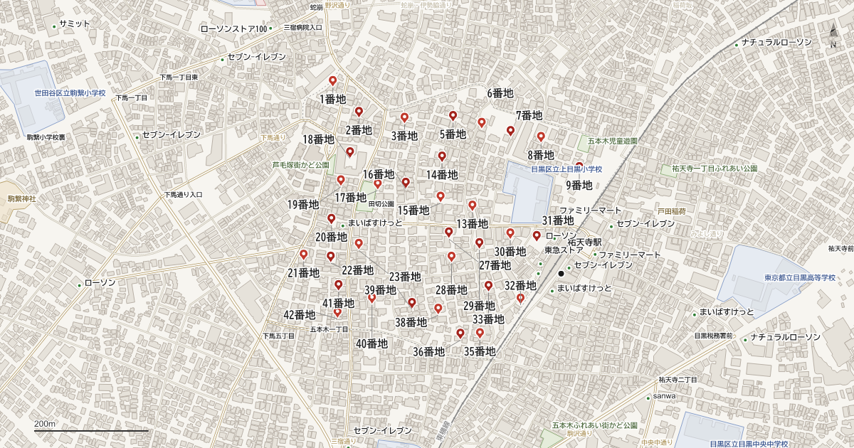 五本木1丁目の番地分布地図