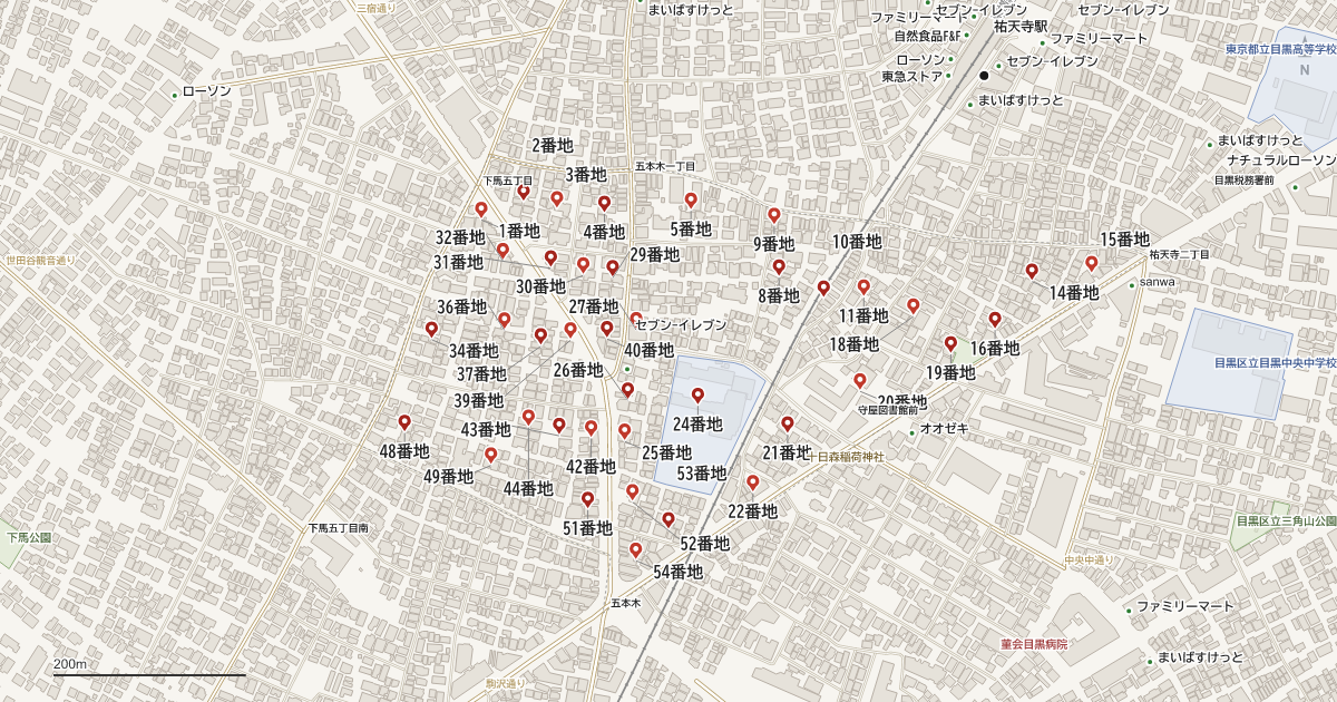 五本木2丁目の番地分布地図