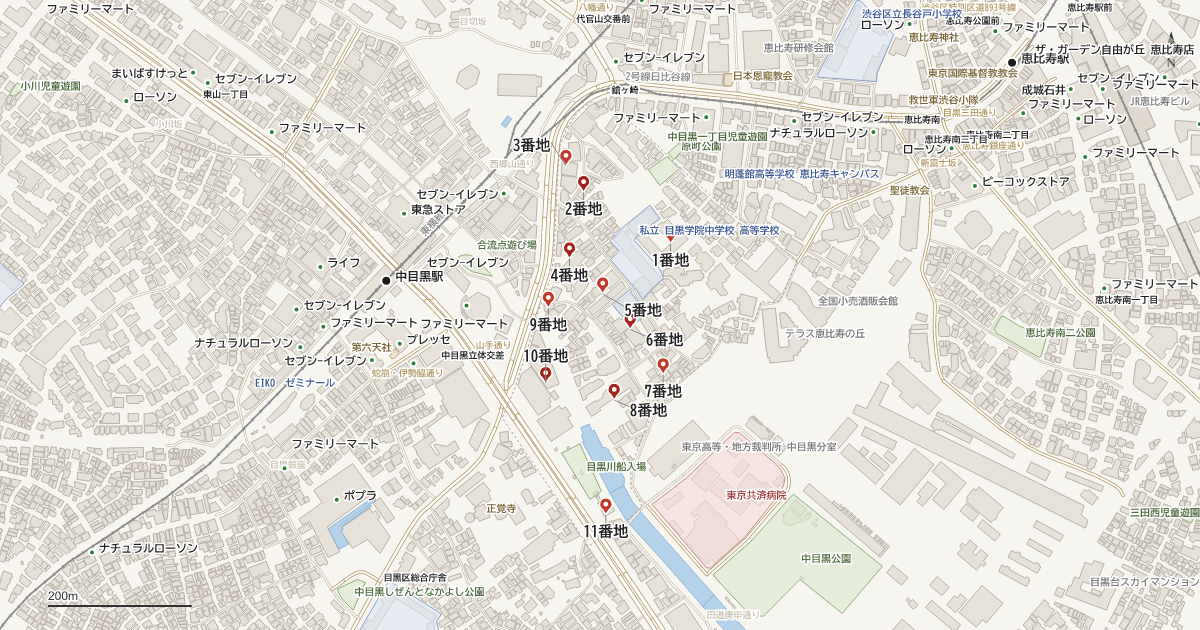 中目黒1丁目の番地分布地図