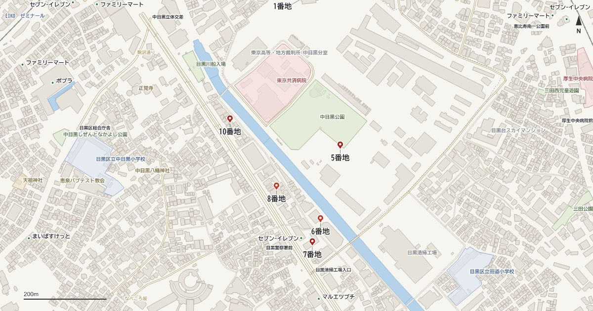 中目黒2丁目の番地分布地図