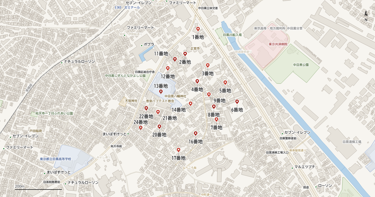 中目黒3丁目の番地分布地図