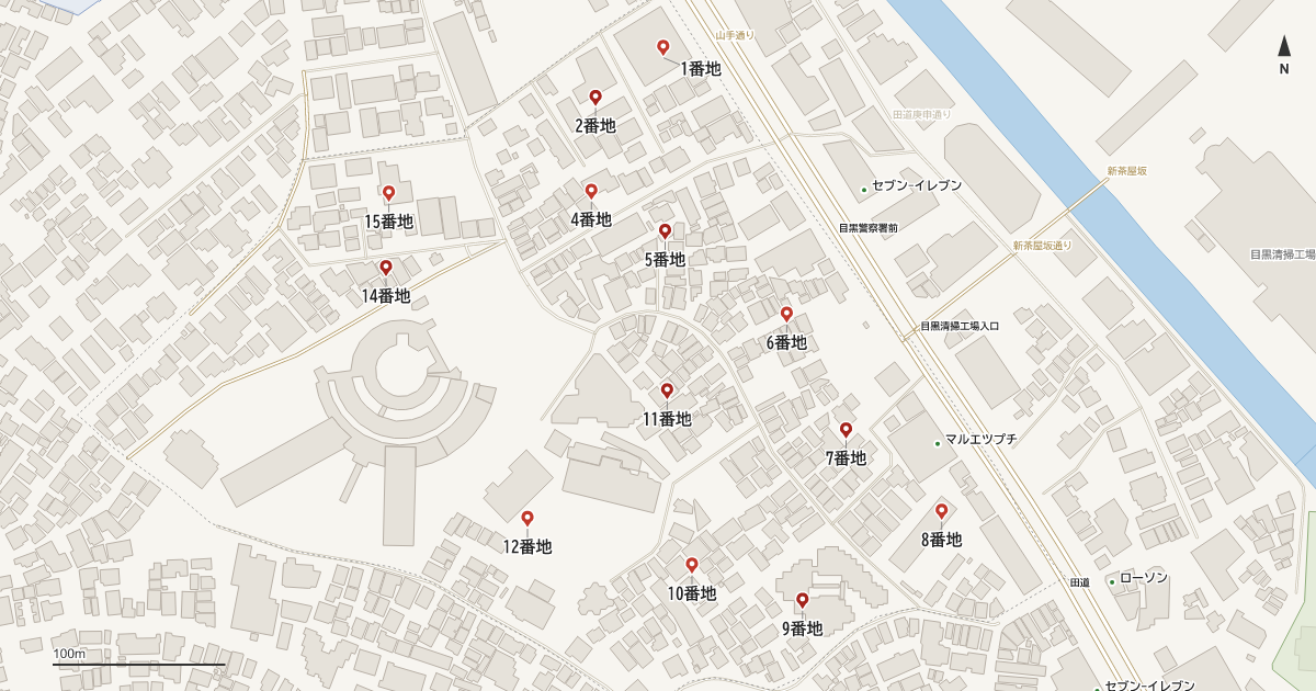中目黒4丁目の番地分布地図