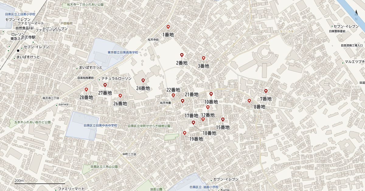 中目黒5丁目の番地分布地図