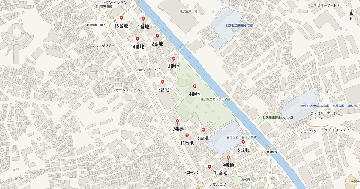 目黒2丁目の番地分布地図