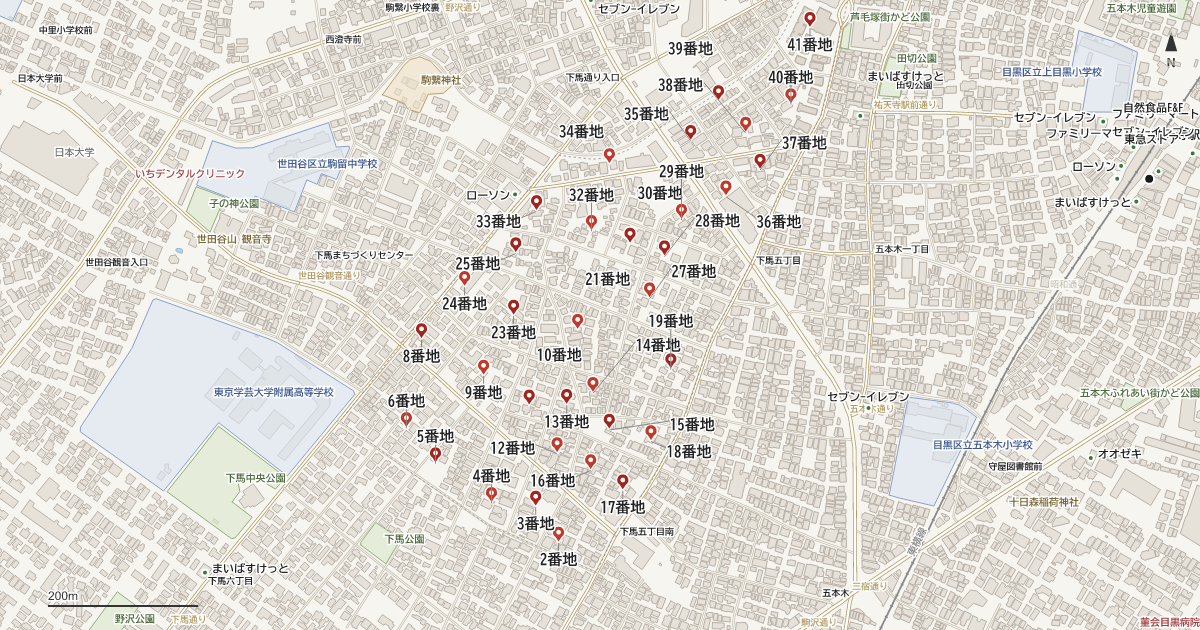 下馬5丁目の番地分布地図