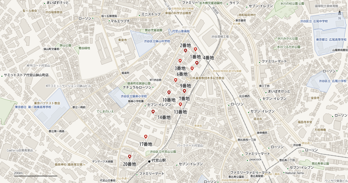 代官山町の番地分布地図