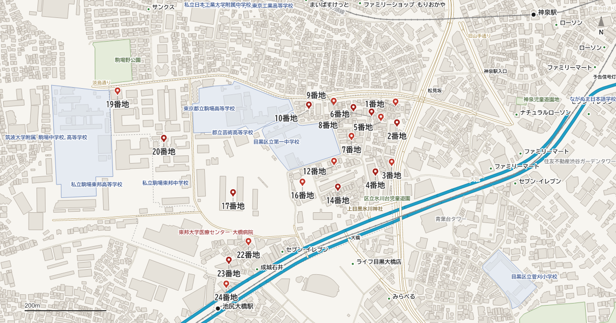 大橋2丁目の番地分布地図