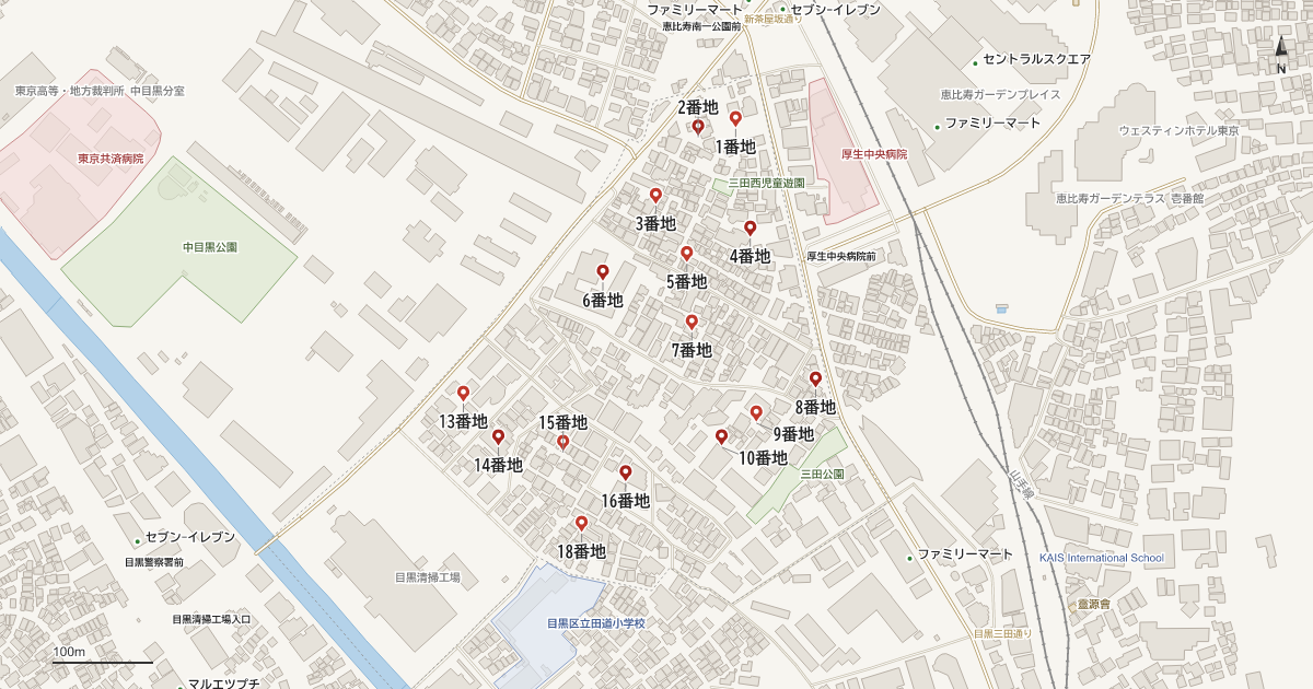 三田2丁目の番地分布地図