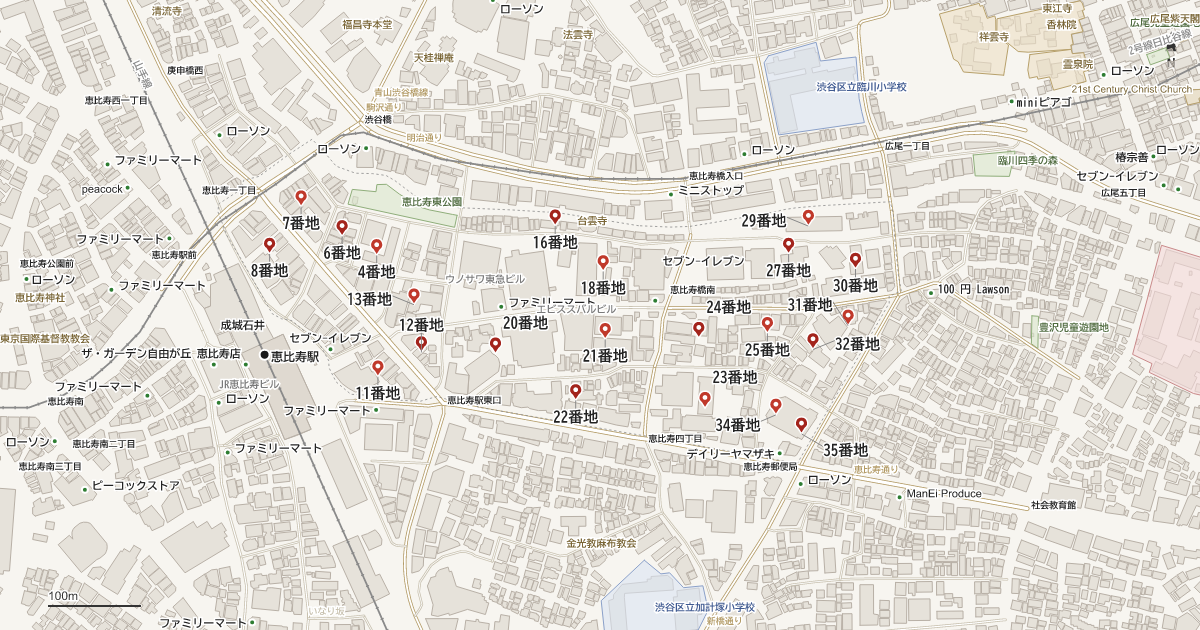 恵比寿1丁目の番地分布地図