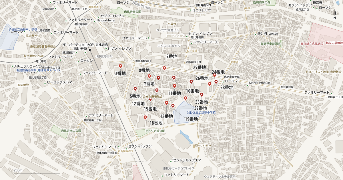 恵比寿4丁目の番地分布地図