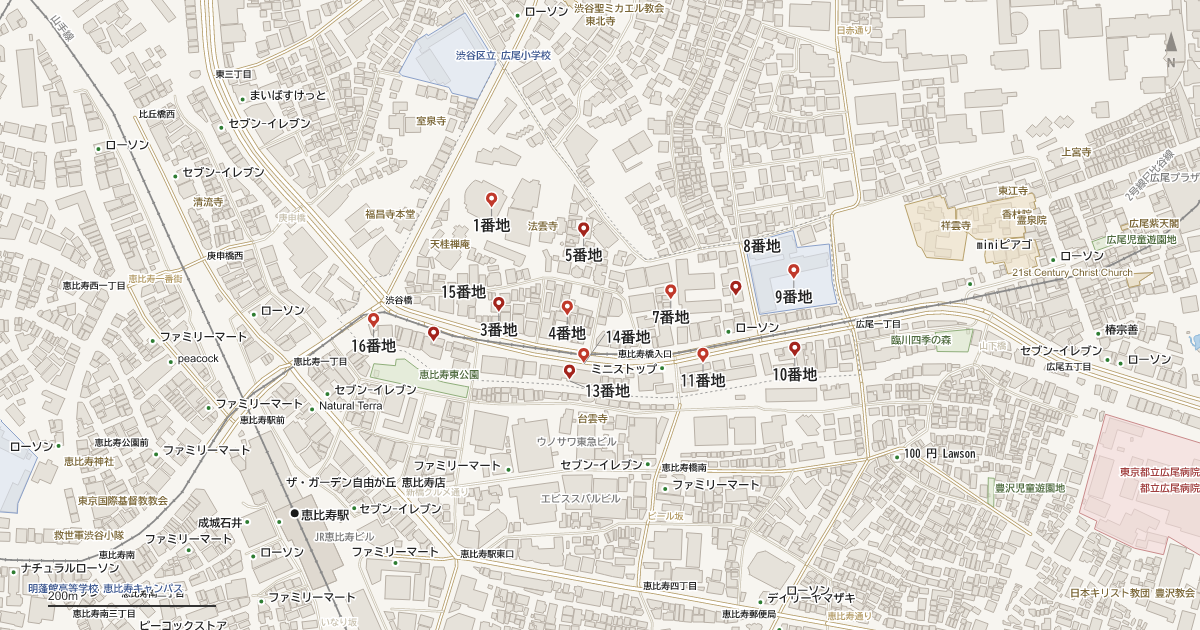広尾1丁目の番地分布地図