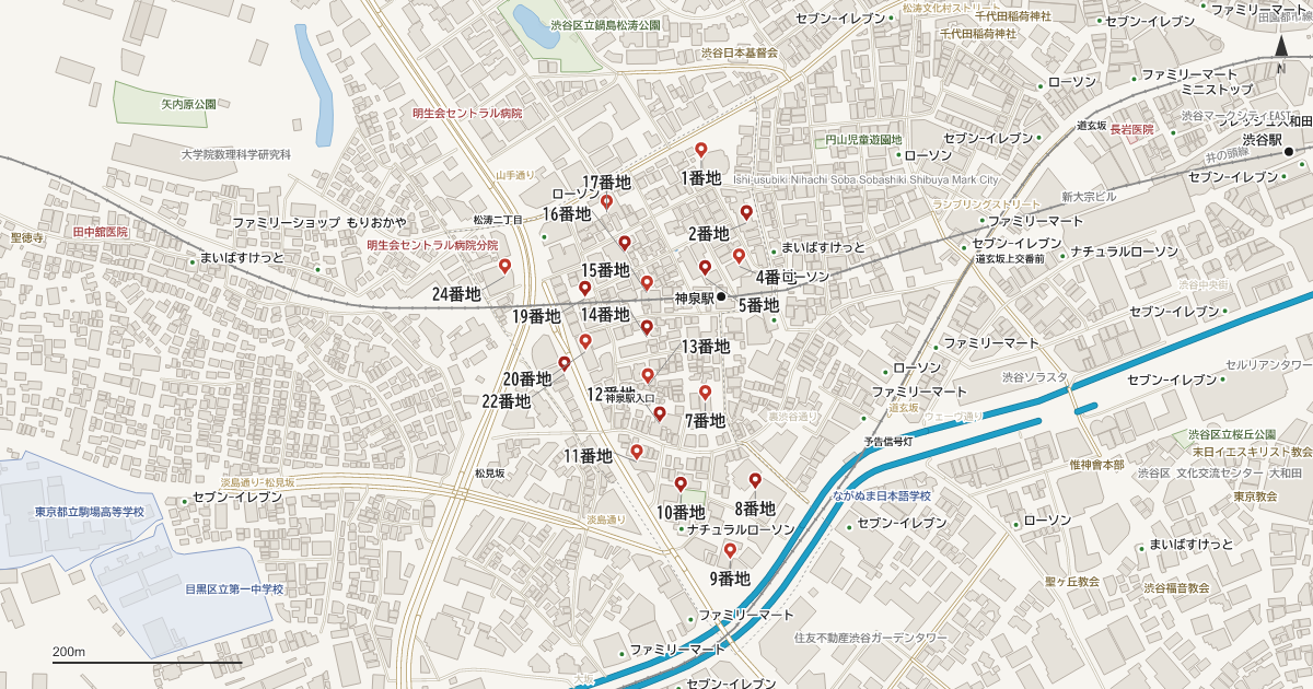 神泉町の番地分布地図